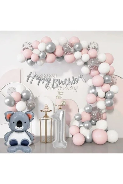 Bkmc GÜMÜŞ PEMBE LÜKS 1 YAŞ KOALA FOLYO DOĞUM GÜNÜ SÜSÜ DOĞUM GÜNÜ PARTİ BALON ZİNCİR SET
