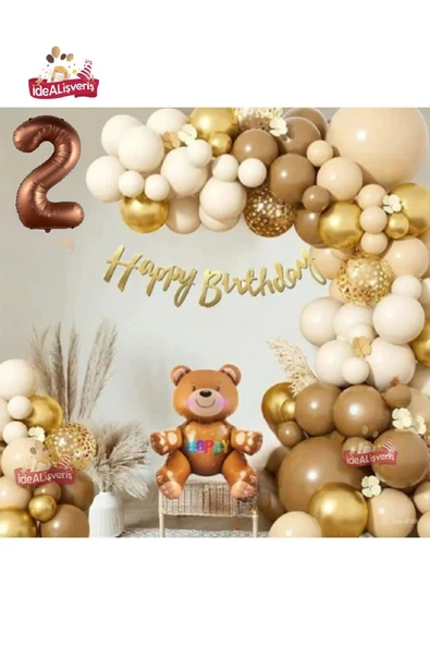 Bkmc 2 YAŞ RETRO RENK OTURAN AYI FOLYO BALONLU BALON ZİNCİR SET DOĞUM GÜNÜ PARTİ SETİ SÜSÜ