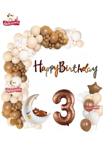 Bkmc Kahverengi 3 Yaş Kalp Yıldız Ayılı Ay Folyo Balonlu Balon Zincirli Doğum Günü Parti Seti