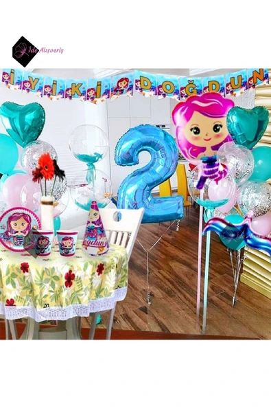 Bkmc LÜKS 8 KİŞİLİK Deniz Kızı Konseptli Gökkuşağı Folyolu Doğum Günü Süsü Dekarasyon Parti Seti - Resim 2