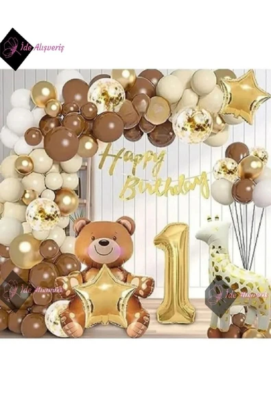 Bkmc HAYVAN TEMALI FOLYO BALONLU KAHVERENGİ 1 YAŞ DOĞUM GÜNÜ PARTİ SETİ BALON SETİ