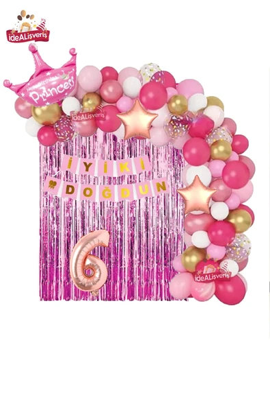 Bkmc Yıldızlı Pembe Beyaz Konseptli 6 Yaş Kraliçe Taçlı Doğum Günü Balon Zincir Seti ürün görseli 1