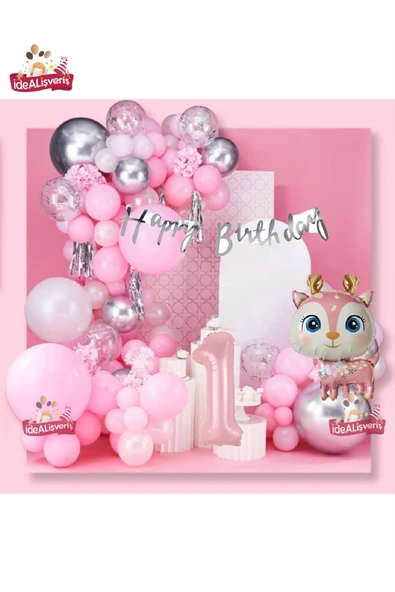 Bkmc Kızlar İçin Lüks Geyik Folyolu Pembe 1 Yaş Folyolu Doğun Günü Konsepti Doğum Günü Süsü Parti Seti ürün görseli