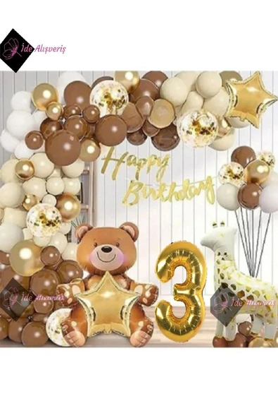 Bkmc HAYVAN TEMALI FOLYO BALONLU KAHVERENGİ 3 YAŞ DOĞUM GÜNÜ PARTİ SETİ BALON SETİ - 2