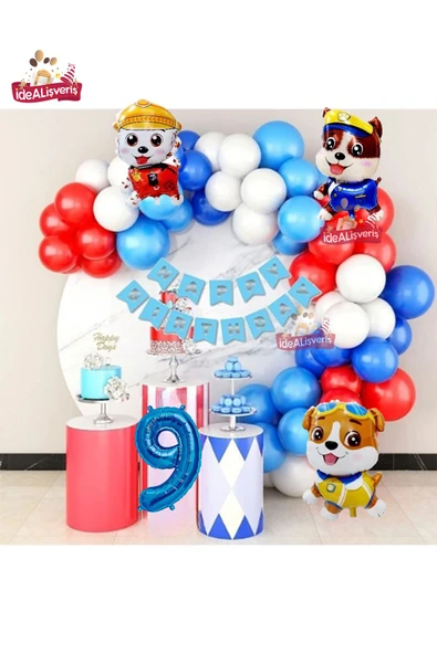 Bkmc Devriye Köpek Folyo Balonlu 9 Yaş Mavi Kırmızı Beyaz Balon Zinciri Doğum Günü Seti ürün görseli