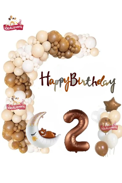 Bkmc Kahverengi 2 Yaş Kalp Yıldız Ayılı Ay Folyo Balonlu Balon Zincirli Doğum Günü Parti Seti