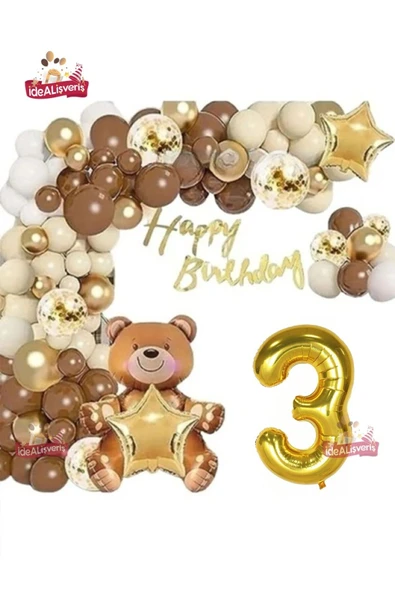 Bkmc LÜKS KAHVERENGİ OTURAN AYI 3 YAŞ BALON SETİ DOĞUM GÜNÜ SÜSÜ PARTİ SETİ - Resim 2