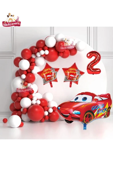 Bkmc Yıldız Araba 2 Yaş Folyo Balonlu Kırmızı Beyaz Konsept Doğum Günü Parti Seti ürün görseli