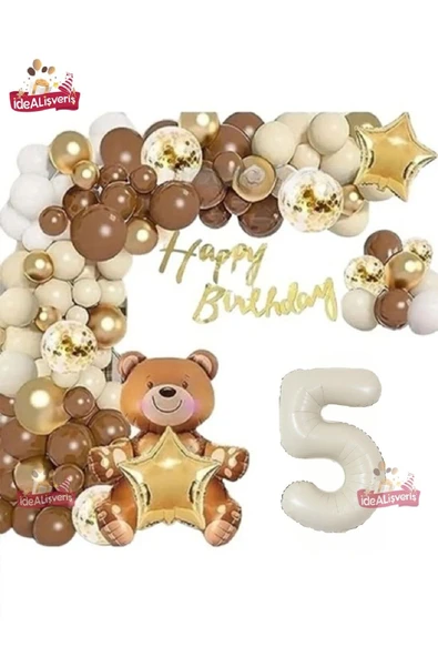 Bkmc LÜKS KAHVERENGİ OTURAN AYI KREM 5 YAŞ BALON SETİ DOĞUM GÜNÜ SÜSÜ PARTİ SETİ - Resim 2