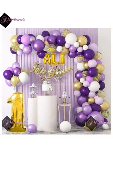 Bkmc 3 Harf İsimli 1 Yaş Macaron Mor Balon Zinciri Seti Gölge Mor Altın Balon Dekorasyon - 3