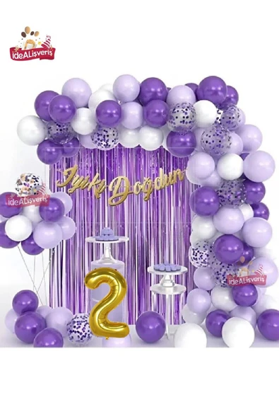 Bkmc Lüks Mor Lila Beyaz Gold 2 Yaş Folyolu Doğum Günü Balon Zincir Seti