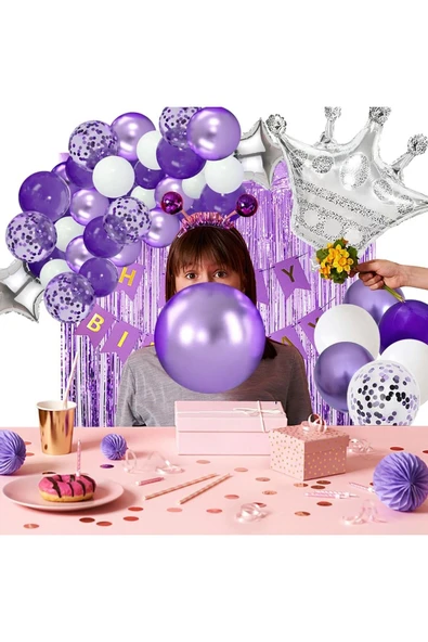 Bkmc Kadınlar Kızlar İçin Mor Konfeti BalonluGümüş Taç Folyo,Mor Saçak Arkafon Doğum Günü Parti Seti Süsü - Resim 2