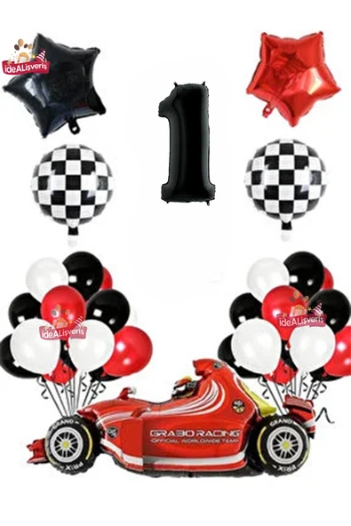 Bkmc Formula Yarış Arabası 1 Yaş Siyah Kırmızı Beyaz Konsept Doğum Günü Parti Seti ürün görseli