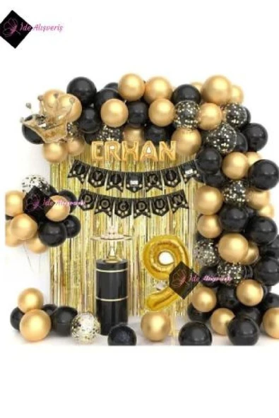Bkmc 5 Harfli Isim Kral Taçlı 9 Yaş Balonlu Balon Zincirli Doğum Günü Seti Iyi Ki Doğdun - Resim 2