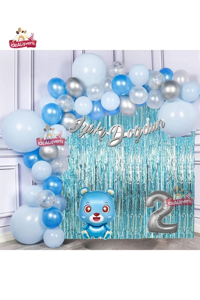 Bkmc Mavi Ayıcık Gümüş 2 Yaş Folyo Balonlu İyi ki Doğdun Yazılı Mavi Gümüş Doğum Günü Parti Seti
