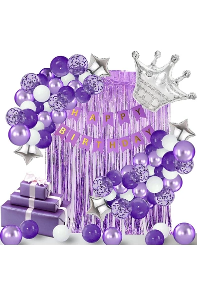 Bkmc Kadınlar Kızlar İçin Mor Konfeti BalonluGümüş Taç Folyo,Mor Saçak Arkafon Doğum Günü Parti Seti Süsü - Resim 3