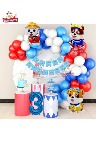 Bkmc Devriye Köpek Folyo Balonlu 3 Yaş Mavi Kırmızı Beyaz Balon Zinciri Doğum Günü Seti