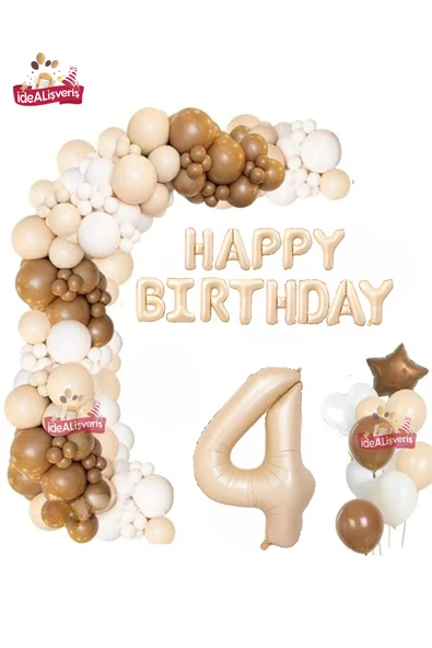 Bkmc Bej Happy Birthday 4 Yaş Folyo Balon Bej Beyaz Kahverengi Konsept Doğum Günü Parti Seti ürün görseli
