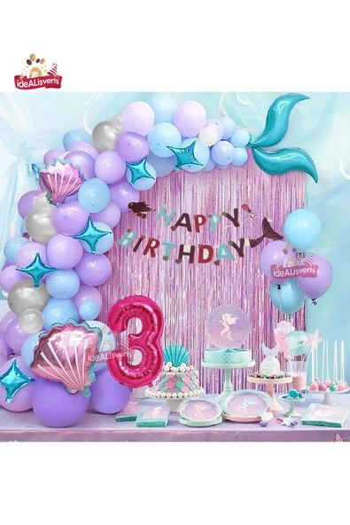 Bkmc 3 Yaş Deniz Kızı Banner Balon Mavi Mor Balonlar Folyo Saçak Perde Seti Doğum Günü Parti Süsü ürün görseli