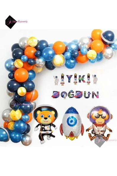 Laviyosa LÜKS Uzay Temalı Doğum Günü Seti 3 Adet Folyo, 45 Lateks Balon, Banner, Balon Zinciri, Balon Bandı - Resim 2