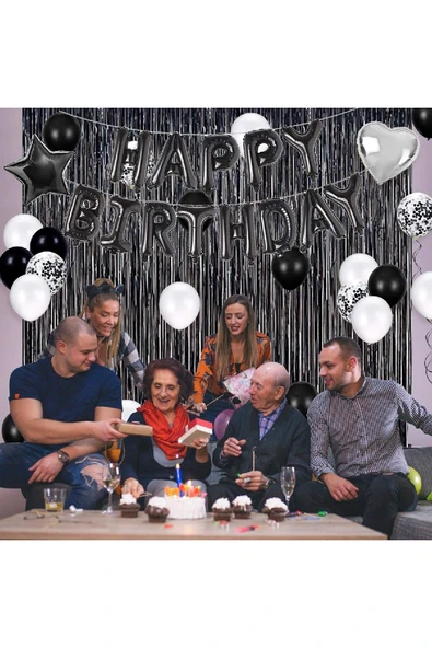 Bkmc Yetişkinler için  Doğum Günü Partisi Süslemeleri Siyah ve Beyaz Balonlar Seti, Saçak Perde Siyah - Resim 4