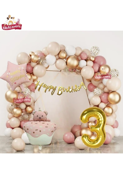Bkmc PEMBE RETRO KEK AYICIK KAFALI PEMBE RETRO YILDIZ GOLD 3 YAŞ FOLYOLU BALON DOĞUM GÜNÜ PARTİ SETİ SÜSÜ - Resim 2