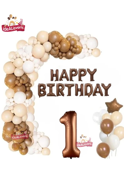 Bkmc Kahverengi Happy Birthday 1 Yaş Folyo Balon Krem Beyaz Kahverengi Konsept Doğum Günü Parti Seti ürün görseli 1