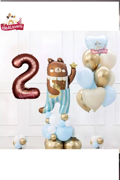 Bkmc SEVİMLİ TEDDY BEAR AYI FOLYOLU 2 YAŞ KAHVE FOLYOLU DOĞUM GÜNÜ PARTİ SETİ SÜSÜ