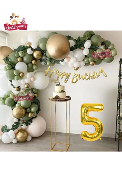 Bkmc 5 Yaş Happy Kaligrafi Yazılı Küf Yeşili Gold Beyaz Balon Zinciri Seti Doğum Günü Parti Seti Süsü - Resim 4