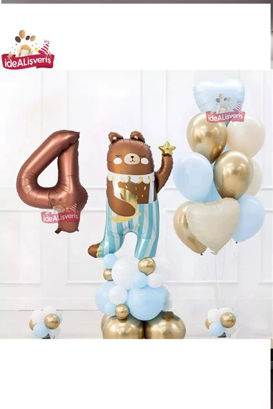 Bkmc SEVİMLİ TEDDY BEAR AYI FOLYOLU 4 YAŞ KAHVE FOLYOLU DOĞUM GÜNÜ PARTİ SETİ SÜSÜ