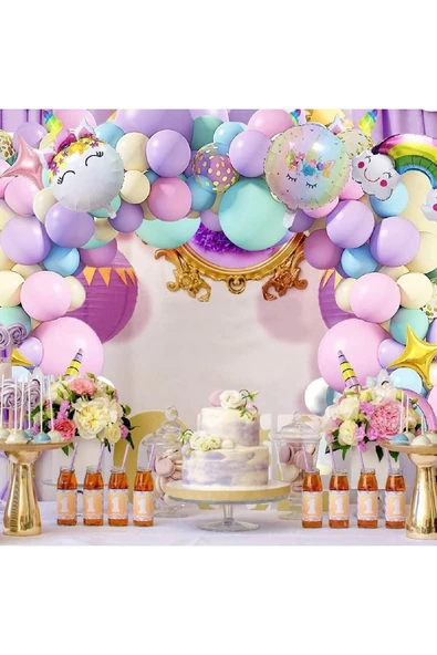 Bkmc 7 Yaş Ve 3 Harfli Gökkuşağı Konsepti Unicorn Temalı Makaron Balon Doğum Günü Parti Kutlama Seti - 2