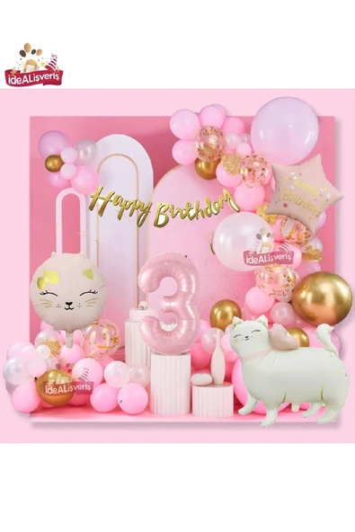 Bkmc Yıldız ve Kedi Folyo Pembe 3 Yaş Folyo Balonlu İyi Ki Doğdun Yazılı Pembe Gold Doğum Günü Parti Seti - 2