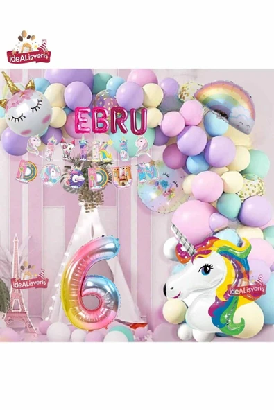 Bkmc 4 Harfli 6 Yaş Unicorn Temalı Iyi Ki Doğdun Makaron Balon Doğum Günü Parti Kutlama Seti Süsü - 3