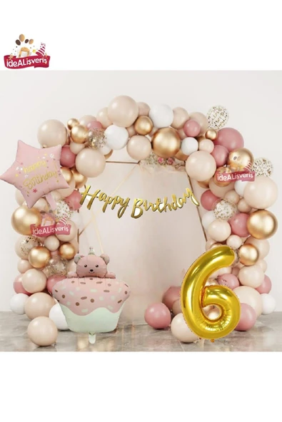 Bkmc PEMBE RETRO KEK AYICIK KAFALI PEMBE RETRO YILDIZ GOLD 6 YAŞ FOLYOLU BALON DOĞUM GÜNÜ PARTİ SETİ SÜSÜ - Resim 4