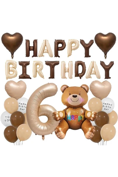 Bkmc 6Yaş Retro Ayıcık Kahverengi Folyolu Balon Happy Birthday Afiş Dekorasyon Doğum Günü Parti Seti Süsü ürün görseli 1