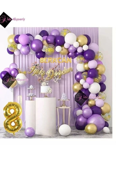 Bkmc 7 Harf İsimli 8 Yaş Macaron Mor Balon Zinciri Seti Gölge Mor Altın Balon Dekorasyon - 3