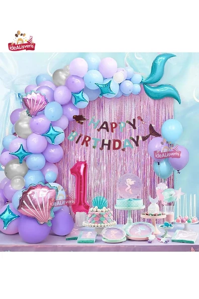 Bkmc 1 Yaş Deniz Kızı Banner Balon Mavi Mor Balonlar Folyo Saçak Perde Seti Doğum Günü Parti Süsü