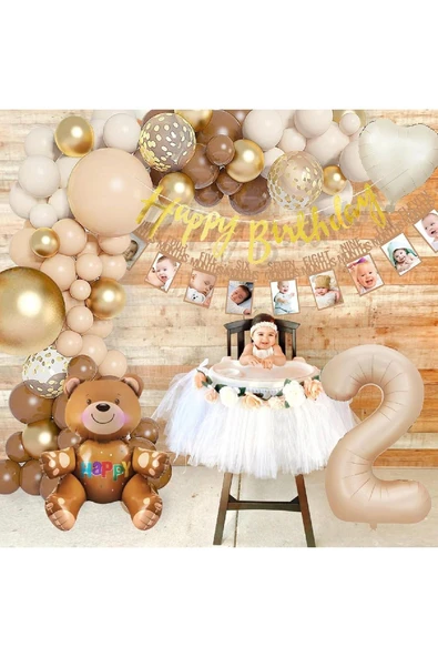 Bkmc Ayıcık Folyolu Yaş Balonlu 2 Yaş Erkek Kız Çocuğu Dekorasyon Doğum günü Parti Seti Süsü - Resim 4