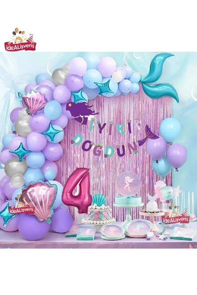 Bkmc 4 Yaş Deniz Kızı Banner Balon Mavi Mor Balonlar Folyo Saçak Perde Seti Doğum Günü Parti Süsü - Resim 2