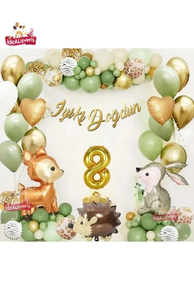 Bkmc Ceylan Tavşan Kirpi Gold 8 Yaş Folyolu Küf Yeşili Beyaz Balon Zincir Doğum Günü Seti ürün görseli 1