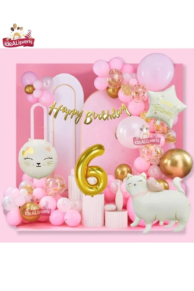 Bkmc Yıldız ve Kedi Folyo Gold 6 Yaş Folyo Balonlu İyi Ki Doğdun Yazılı Pembe Gold Doğum Günü Parti Seti - 5