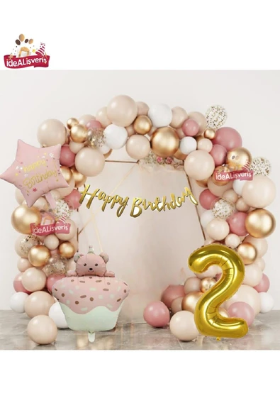 Bkmc PEMBE RETRO KEK AYICIK KAFALI PEMBE RETRO YILDIZ GOLD 2 YAŞ FOLYOLU BALON DOĞUM GÜNÜ PARTİ SETİ SÜSÜ - 4