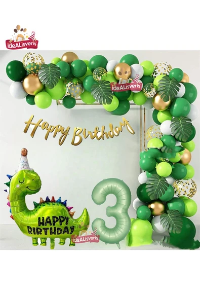 Bkmc Happy Birthday Yazılı Dinozor 3 Yaş Folyo Balonlu Yeşil Gold Beyaz Doğum Günü Parti Seti