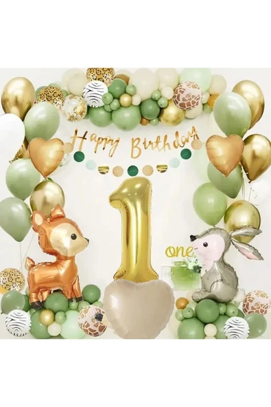 Bkmc Ceylan Tavşan Gold 1 Yaş Folyolu Küf Yeşili Beyaz Balon Zincir Doğum Günü Parti Seti Süsü