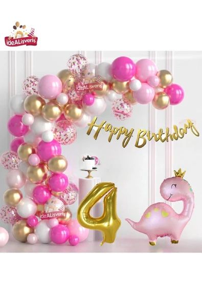 Bkmc Lüks Pembe Dinozor 4 Yaş Folyo Balonlu Pembe Gold Beyaz Doğum Günü Parti Seti Süsü - 4