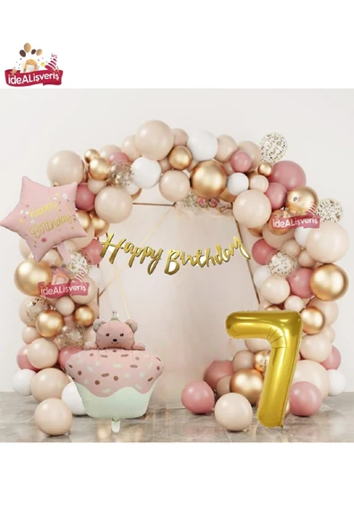 Bkmc PEMBE RETRO KEK AYICIK KAFALI PEMBE RETRO YILDIZ GOLD 7 YAŞ FOLYOLU BALON DOĞUM GÜNÜ PARTİ SETİ SÜSÜ
