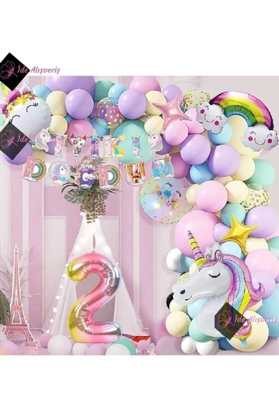 Bkmc 2 Yaş Karakterli Unicorn Temalı Iyi Ki Doğdun Makaron Balon Doğum Günü Parti Kutlama Seti