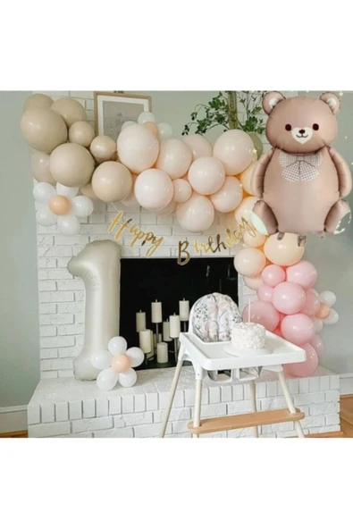 Bkmc KREM YAŞLI PAPYONLU SEVİMLİ OTURAN AYI  BALONLU DOĞUM GÜNÜ PARTİ SETİ SÜSÜ