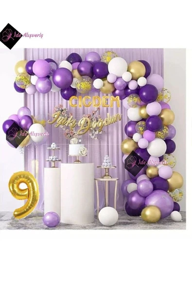 Bkmc 6 Harf İsimli 9 Yaş Macaron Mor Balon Zinciri Seti Gölge Mor Altın Balon Dekorasyon - 3