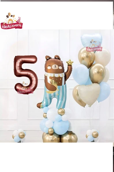 Bkmc SEVİMLİ TEDDY BEAR AYI FOLYOLU 5 YAŞ KAHVE FOLYOLU DOĞUM GÜNÜ PARTİ SETİ SÜSÜ